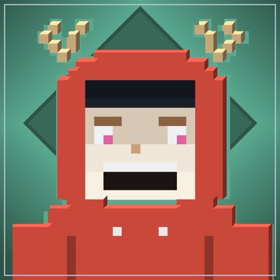 A pixel art illustration of a character wearing a red hood with antlers and a wide open mouth, set against a green background.