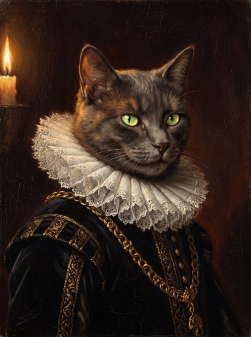 A Renaissance-style oil painting portrait of a gray cat with bright green eyes, wearing a white ruffled collar and dark ornate clothing with a gold chain.