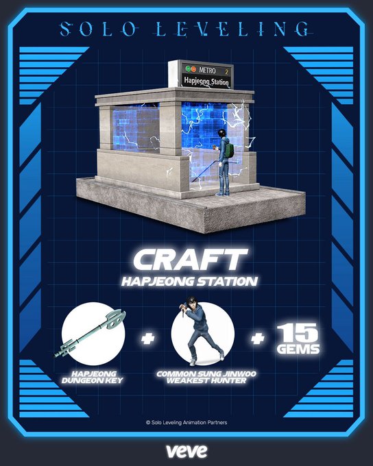 A promotional graphic for 'SOLO LEVELING' showing a craftable 'HAPJEONG STATION' NFT, requiring a Hapjeong Dungeon Key, a Common Sung Jinwoo 'Weakest Hunter' character, and 15 Gems, available on Veve.