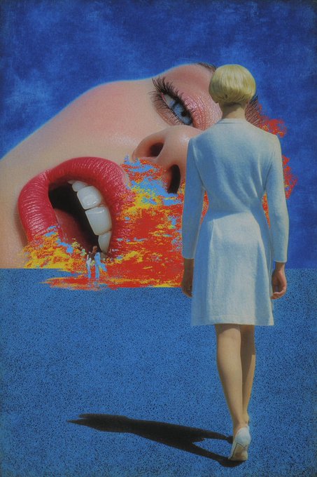 A blonde woman in a light blue dress walks across a textured blue landscape toward a giant, surreal face with vibrant red and orange lips on a Monday morning. The dreamlike collage evokes the feeling of facing the week ahead with both apprehension and bold color.