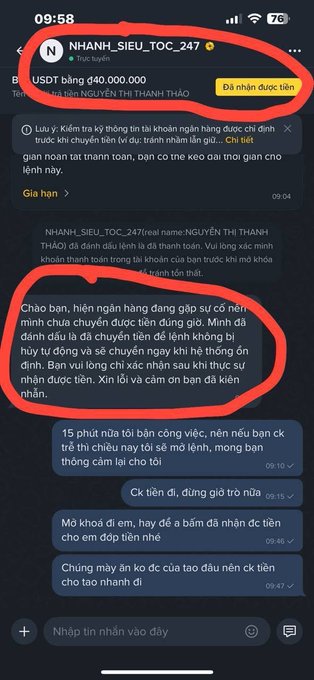 Screenshot of a Vietnamese chat on Messenger with 'NHANH_SIEU_TOC_247' requesting a transfer of 640,000,000 USDT, with parts of the message circled in red, appearing to be a scam attempt.