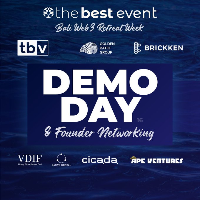 Promotional graphic for "The Best Event: Bali Web3 Retreat Week – Demo Day 16 & Founder Networking," featuring sponsor logos including TBV, Golden Ratio Group, Brickken, VDIF, Native Capital, Cicada, and Ape Ventures, set against a dark blue water background. The image supports the post by announcing MOI's attendance at TBV Demo Day in Bali, where Web3 builders will present to investors and ecosystem leaders.