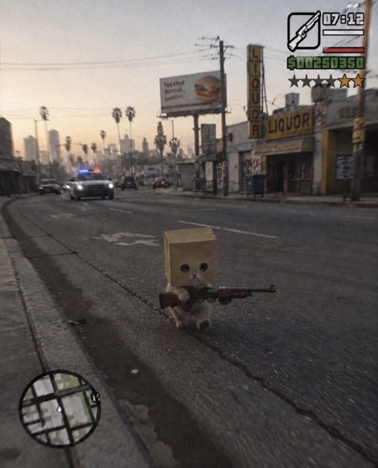 Screenshot of the GTA video game showing a Shiba Inu dog with a cardboard box on its head holding a rifle on a Los Angeles road, displaying 'You Pret-ty Special, sweetie.' on a billboard and HUD elements like '$00250950' and weapon icons.