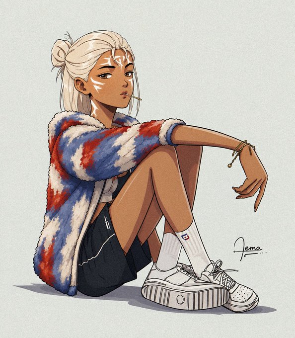 An anime-style illustration depicts a character with white hair, facial markings, and a red/blue tie-dye jacket sitting on the ground, signed 'Jema' by the artist.