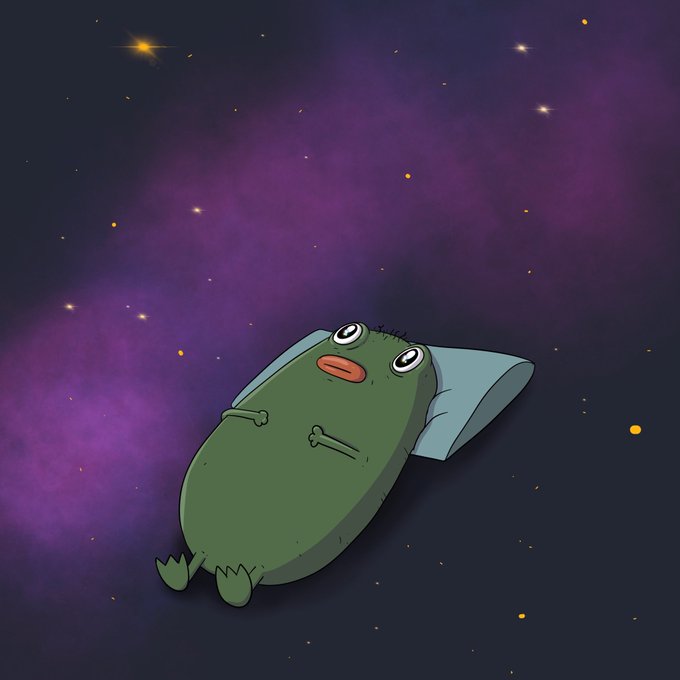 A cartoon illustration of a green, blob-like creature with large eyes lying on a pillow against a purple cosmic background filled with stars.