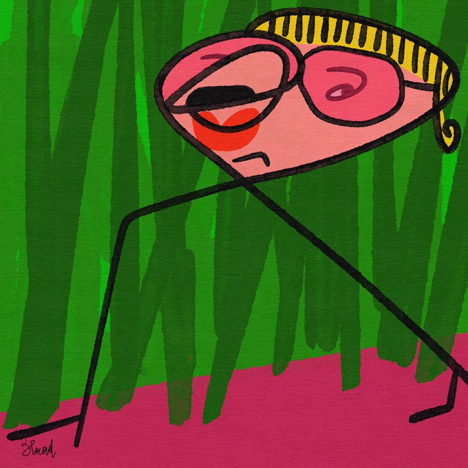 A colorful, abstract painting featuring a stylized pink face with large pink sunglasses, a red nose, and thin black limbs set against a green striped background with a magenta floor.