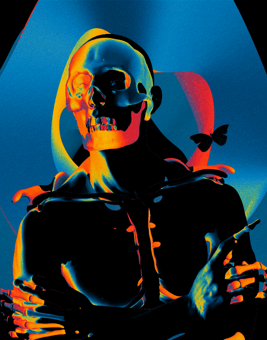 A stylized, high-contrast digital artwork of a skull-like figure in dark, glossy armor with bright orange and yellow accents, illuminated by a blue light from above, with a small black butterfly nearby.