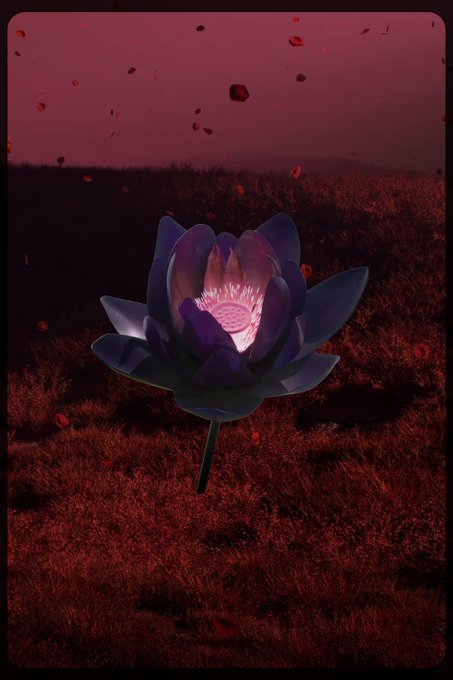 A surreal 3D render of a glowing blue lotus flower in a red field with floating rocks and petals against a dark crimson sky.