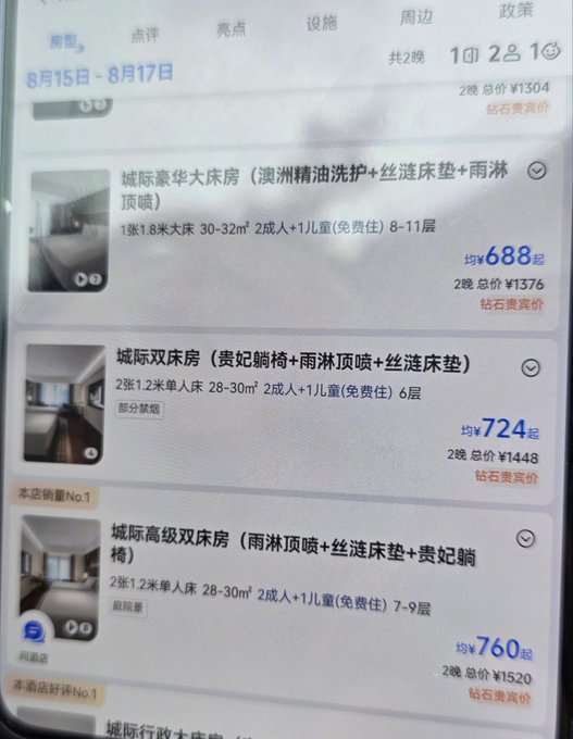 The image shows a Chinese hotel booking app listing three Chengdu hotel rooms—城际豪华大床房, 城际双床房, and 城际高级双床房—all prominently advertising "雨淋顶喷" (rainfall shower) as a key amenity, with nightly rates ranging from ¥688 to ¥760 for stays between August 15-17. This directly illustrates the post's humorous observation about how Chengdu hotels seem to universally boast about rainfall showerheads as a selling point.
