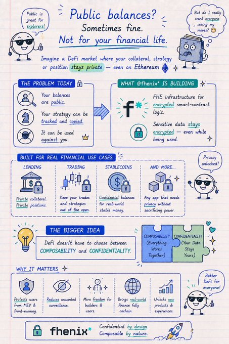 An infographic titled 'Public balances? Sometimes fine. Not for your financial life' explaining the 'fhenix' project, which aims to keep DeFi data private and encrypted on Ethereum.