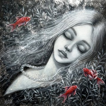 A monochromatic painting depicting a sleeping woman with flowing hair surrounded by red goldfish and underwater elements.