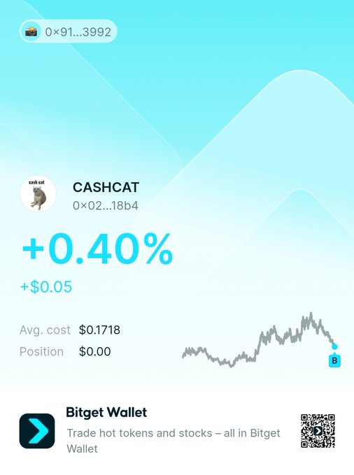 A mobile screenshot showing a +0.40% gain (+$0.05) on the CASHCAT meme coin trade (token address 0x02...18b4) via Bitget Wallet, with an average cost of $0.1718 and a small price chart, reflecting the modest profitable trade mentioned in the post.