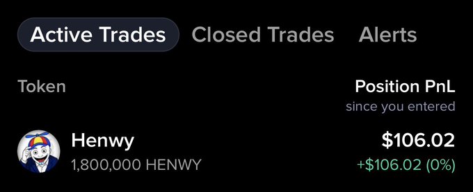 The image shows a Robinhood wallet "Active Trades" screen displaying a position in the Henwy token (1,800,000 HENWY) with a current position PnL of $106.02 since entry. The screenshot appears to be presented as proof of an existing Henwy holding, supporting the post's claim about an upcoming $100 airdrop giveaway.