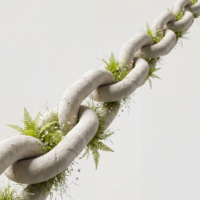 A heavy stone chain intertwined with lush green ferns and small white wildflowers stretches diagonally across a plain background, symbolizing the fusion of unbreakable strength and organic growth. The image visually reinforces the post's message about Canton's institutional-grade infrastructure, where the sturdy, linked chains represent the network's robust privacy, atomicity, and permissioned architecture, while the thriving greenery signifies the natural, native integration of these features into Cashen's bilateral credit market.