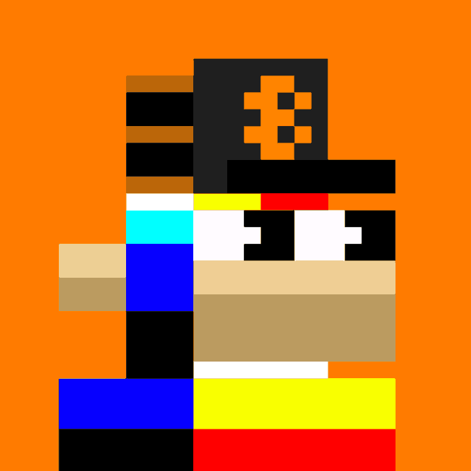 A pixelated, blocky character against an orange background, wearing a black cap with an orange pixelated skull logo and a colorful outfit.