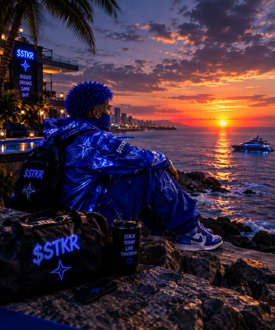 A person with blue hair sits on a rock at sunset by the ocean, wearing shiny blue apparel featuring '$STKR' logos, with a city skyline and yacht visible in the distance.