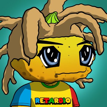 A cartoon character with a yellow potato-like head, dreadlocks, large blue eyes, and a shirt labeled 'RETARDIO' against a teal background.