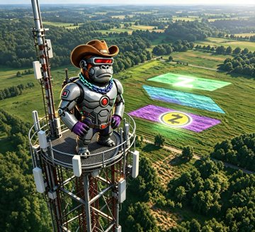 A digitally created character wearing a cowboy hat and futuristic armor stands on a telecommunications tower overlooking green fields with colored landing zones marked with a lightning bolt symbol.