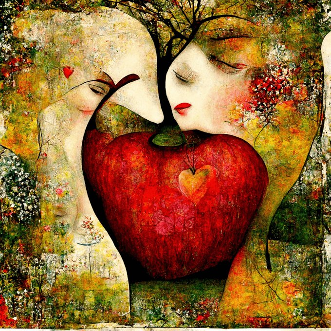 A stylized painting by Helena Sarin depicting two ethereal female figures with closed eyes embracing a large red apple adorned with a heart motif, set against a richly textured autumnal background of foliage and blooms. The dreamlike composition, evocative of innocence and temptation, aligns with the work's title "The Age of Innocence" and reflects Sarin's signature blend of figurative and surreal imagery within her NeoFauvist style.