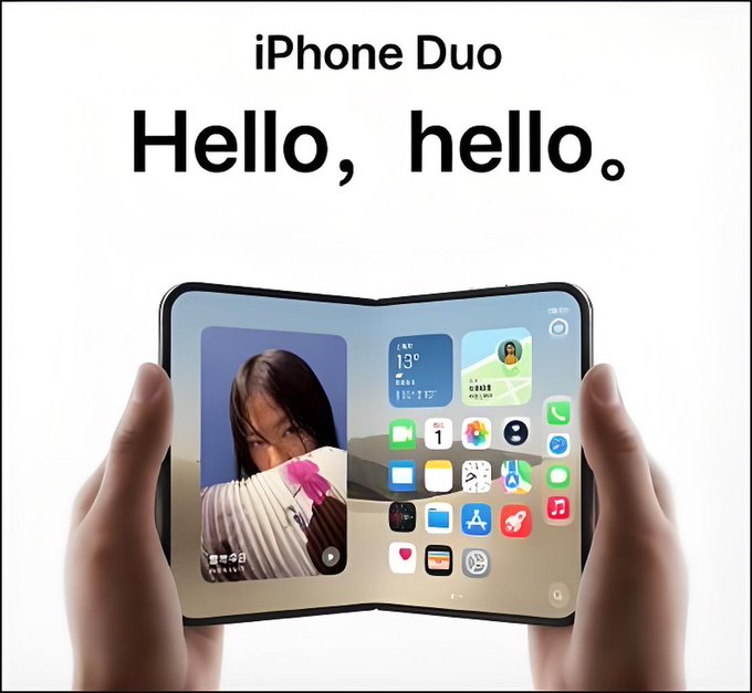 An advertisement for a concept 'iPhone Duo' foldable device showing two hands holding an open phone displaying a selfie and home screen, with the tagline 'Hello, hello.'