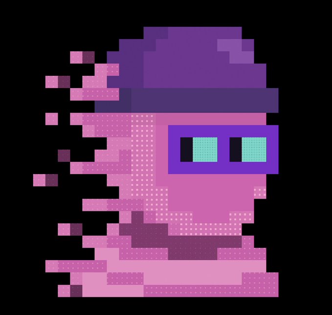 Pixel-art character illustration in purple and pink tones on a black background, depicting a glitchy/disintegrating figure wearing a hat and futuristic cyan-lensed goggles, with pixel particles trailing from the left side.
