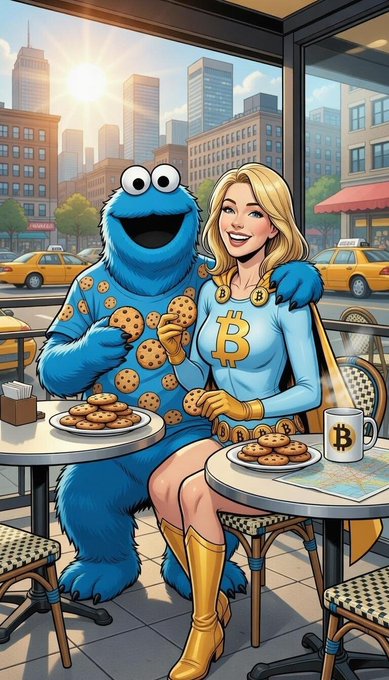 An AI-generated illustration of Cookie Monster and a blonde woman in a Bitcoin-themed superhero outfit sharing cookies at a cafe table with a cityscape view.