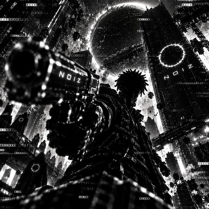 A figure with dreadlocks aims a handgun etched with "NOIZ" at the viewer against a dystopian cityscape featuring an eclipse and a ringed celestial body, with mirrored "NOIZ" and "W ZION" text flanking the scene. The gritty black-and-white imagery reinforces the $NOIZ post's dark, underground crypto aesthetic, suggesting rebellion and high-stakes action tied to the token.