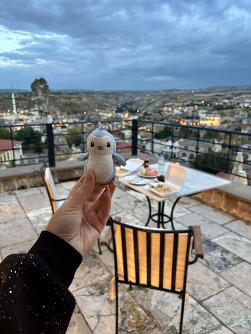 A hand holds up a small plush penguin toy on a terrace overlooking a cityscape at dusk, with a dining table set in the background.