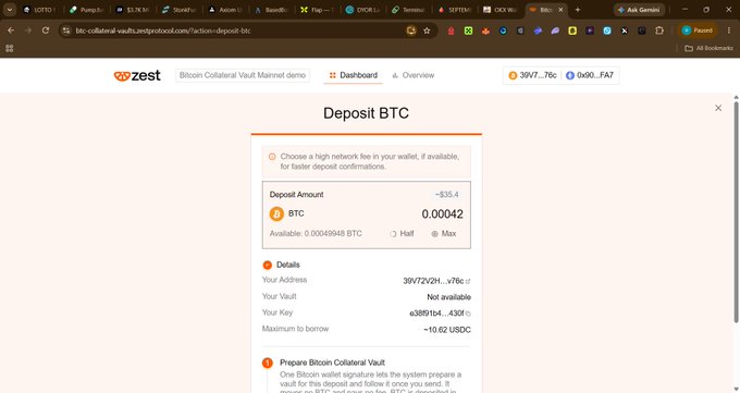 The image shows a Zest Protocol "Deposit BTC" interface on the Bitcoin Collateral Vault Mainnet demo, displaying a deposit amount of -$35.40 (-0.00042 BTC) with a maximum borrowing limit of ~10.62 USDC. This visual confirms the tweet's mention of trying the ZestProtocol Bitcoin Collateral Vaults demo with a small BTC amount, illustrating the platform's non-wrapping deposit process directly from the user's vault (address 39V72V2H...).