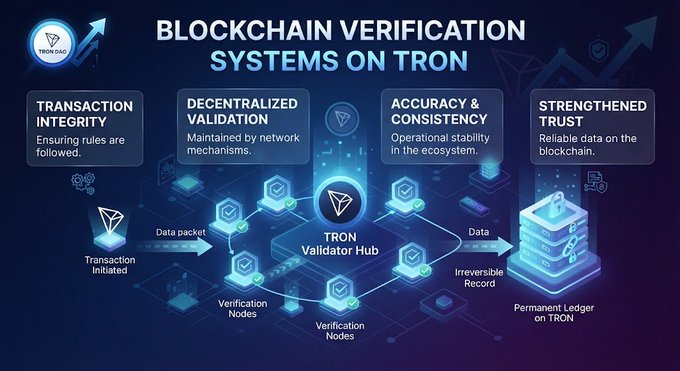 An infographic titled 'BLOCKCHAIN VERIFICATION SYSTEMS ON TRON' displays four pillars—Transaction Integrity, Decentralized Validation, Accuracy & Consistency, and Strengthened Trust—illustrating data flowing from transaction initiation through the Tron Validator Hub and verification nodes to a permanent ledger.
