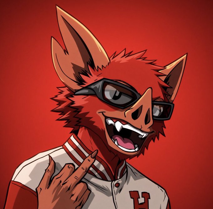 An animated red fox-like character wearing dark sunglasses and a varsity jacket with an 'H' on it, flashing a toothy grin.