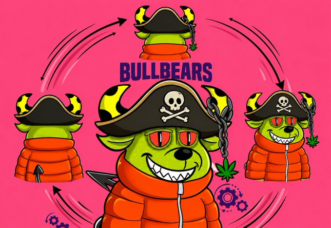 A cartoon logo or graphic featuring a green bear-like character dressed as a pirate with a skull-and-crossbones hat, surrounded by circular arrows and the text 'BULLBEARS' on a pink background.