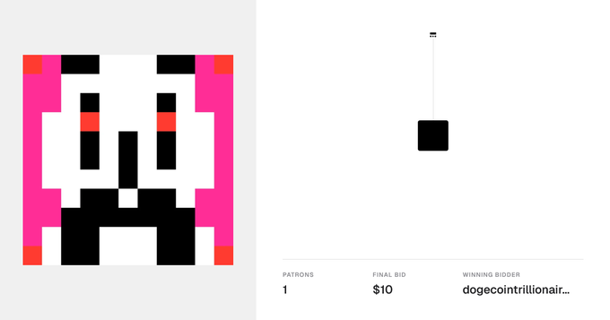 A digital art auction page showing a pixelated pink character on the left and a minimal black square artwork, with details indicating 1 patron, final bid of $10, and a winning bidder named 'dogecointrillioinair...'.
