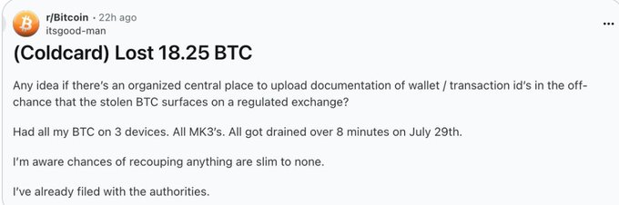 A Reddit post from r/Bitcoin by itsgood-man titled '(Coldcard) Lost 18.25 BTC' asking about uploading documentation for stolen BTC.