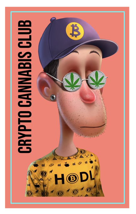 A digital artwork titled 'CRYPTO CANNABIS CLUB' depicting a stylized 3D cartoon character wearing a purple Bitcoin cap, marijuana-leaf sunglasses, and a shirt patterned with Bitcoin logos and the word 'HODL'.