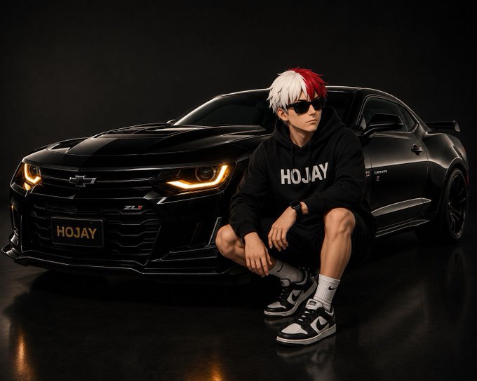 Digital artwork of an anime-style character with red and white hair sitting in front of a black Chevrolet Camaro ZL1 with a 'HOJAY' license plate.