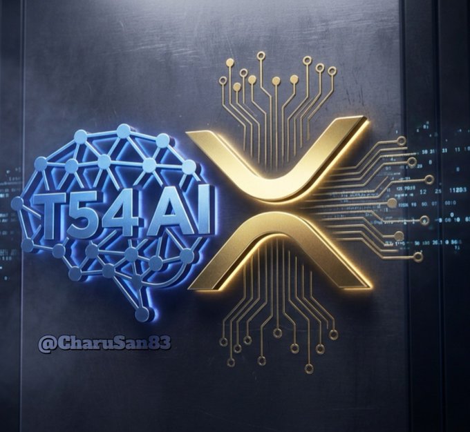 A stylized 3D digital graphic displays "T54.AI" alongside a blue brain-shaped neural network and a glowing gold XRP logo integrated with circuit board traces, with "@CharuSan83" credited below. The image visually merges artificial intelligence with the XRP cryptocurrency, illustrating the post's point about the overlooked potential of t54 ai's machine-to-machine (M2M) economy compared to the XRP community's focus on SWIFT and DTCC.