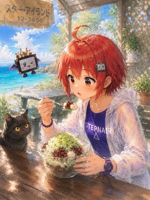 An anime-style illustration of a red-haired girl with an ahoge eating matcha shaved ice from a bowl, accompanied by a black cat and a small floating creature, with 'STAR ISLAND 12-3456' visible on a sign and 'STEPNAIR' on her shirt.