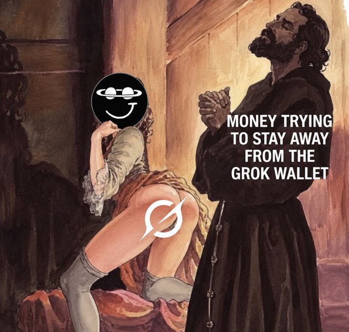 This meme uses a classical painting of a praying man being tempted by a woman to joke about "MONEY TRYING TO STAY AWAY FROM THE GROK WALLET." The image features various cryptocurrency logos overlaid on the figures, humorously suggesting that money is being irresistibly drawn toward the "Grok Wallet" despite resistance.