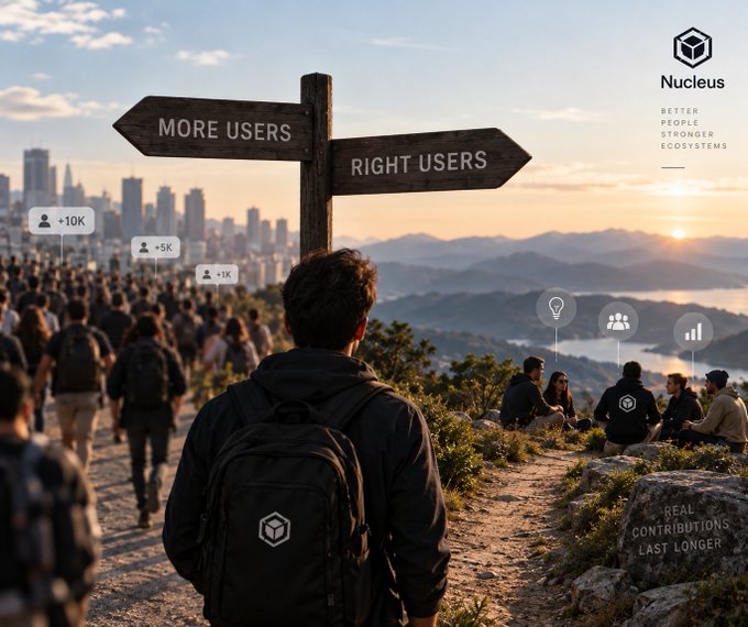 A conceptual image for 'Nucleus' shows a person facing a signpost reading 'MORE USERS' and 'RIGHT USERS', with a crowd on one side and a smaller group of people on a scenic cliff on the other.