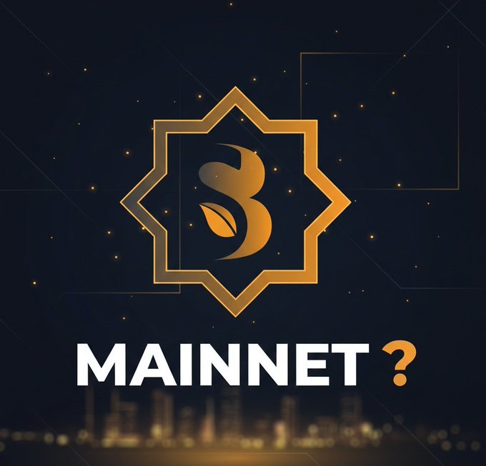The image features the SidraChain logo—an ornate gold emblem with a stylized "S" and leaf—set against a dark, starry background, with bold text reading "MAINNET?" below. It teases the launch of SidraChain's mainnet, aligning with the announcement of the network going live and hinting at the upcoming DEX.