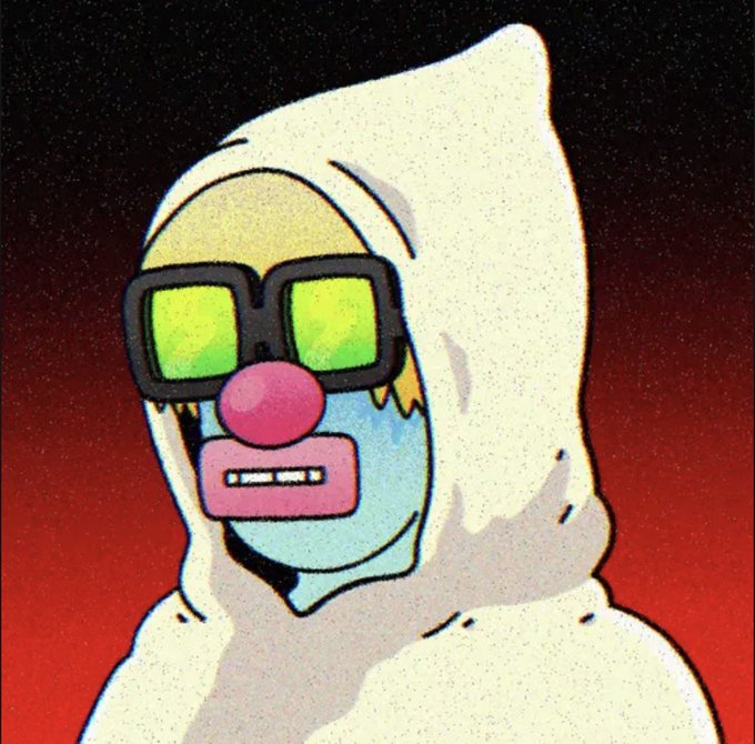 A cartoon character with blue skin wears a white hood, green-tinted square sunglasses, and has a pink nose and mouth, set against a red and black background with a grainy texture. The image appears to be a stylized avatar or profile picture (#305), fitting the theme of a numbered entry in a collection or series.