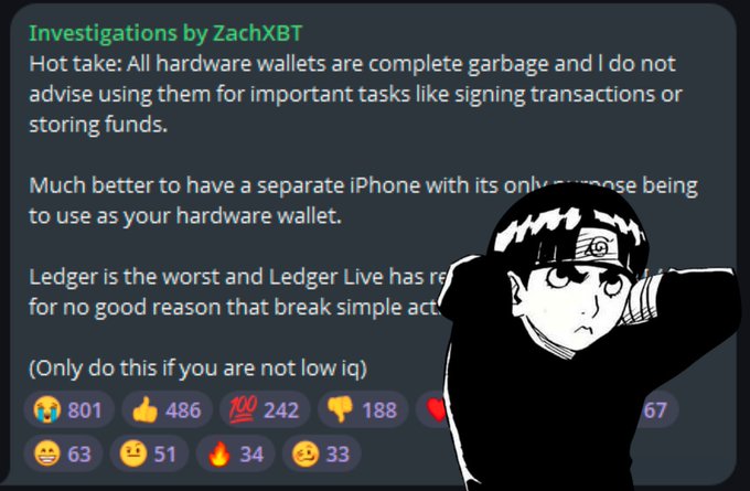 Screenshot of a post by 'Investigations by ZachXBT' with a hot take stating 'All hardware wallets are complete garbage', partially obscured by a black-and-white anime illustration of a character with a headband.