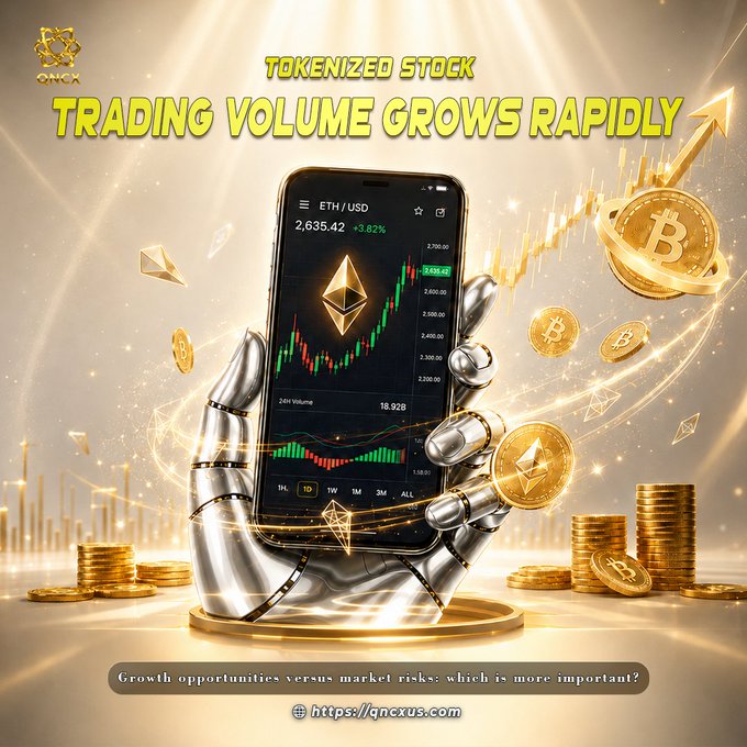 The image features a silver robotic hand holding a smartphone displaying an ETH/USD trading chart at $2,635.42 (+3.82%), surrounded by golden Bitcoin and Ethereum coins with an upward arrow and candlestick graph in the background. The bold text "TOKENIZED STOCK TRADING VOLUME GROWS RAPIDLY" appears at the top, while the bottom caption asks "Growth opportunities versus market risks: which is more important?" with the QNCX logo and qncxus.com URL—visually reinforcing the post's message of surging tokenized stock trading and the tension between opportunity and risk in digital asset markets.