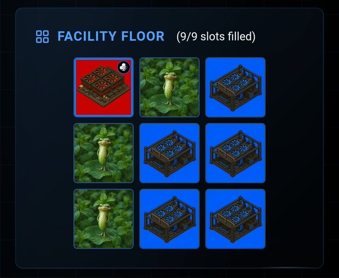 A 'FACILITY FLOOR' grid showing 9/9 slots filled, containing one red seed/planter tile, three green plant tiles, and five blue hydroponic growing rack tiles.
