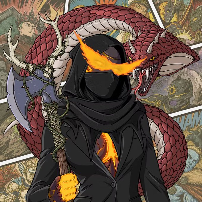 A hooded ninja-like figure with glowing orange eyes and chest flames stands before a giant red serpent in a vibrant comic-book collage. The image matches the promotional post “GET MONEY NEW @Solgodsnfts PICKUP” by serving as an NFT-style promotional graphic; the only other visible text is a partial “HAM…” at the right edge.