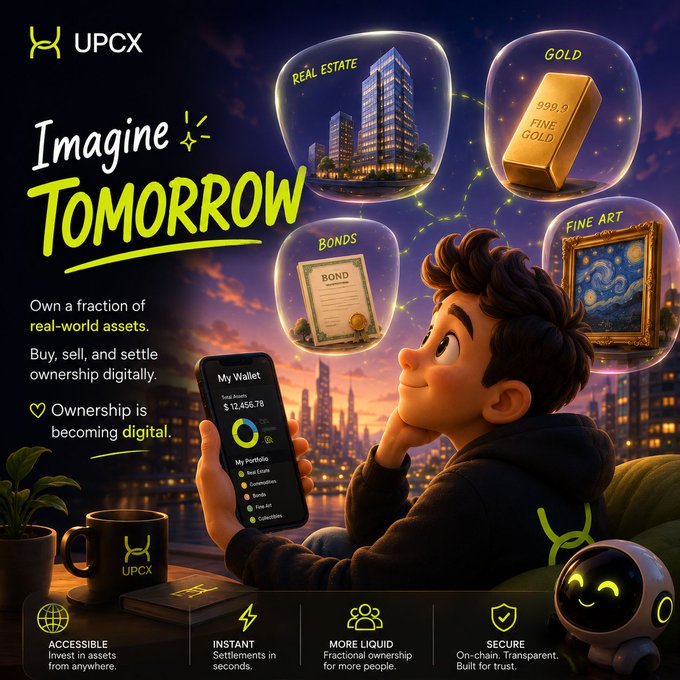 A promotional graphic for 'UPCX' featuring a cartoon boy looking at a phone with floating bubbles of real estate, gold, bonds, and fine art, with the text 'Imagine TOMORROW'.