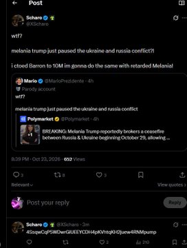 A dark-mode social media post by “Scharo” on X, asking “melania trump just paused the ukraine and russia conflict?” and quoting a “Polymarket” post about whether Melania will retweet or end the conflict.