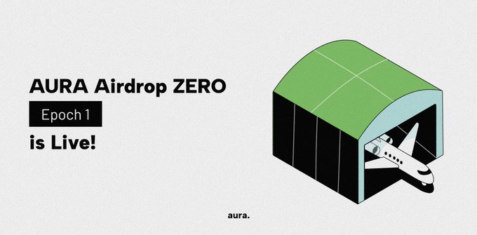 A promotional graphic announces "AURA Airdrop ZERO - Epoch 1 is Live!" alongside an illustration of a green aircraft hangar with a plane emerging, visually reinforcing the "launch" theme of the AURA token airdrop campaign directing users to beta.auralaunch.org/incentives.