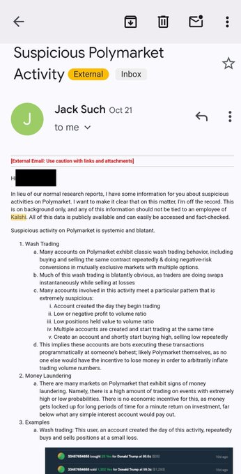 Screenshot of an email titled "Suspicious Polymarket Activity" from Jack Such, alleging that wash trading and money laundering are "systemic and blatant" on Polymarket, with numbered examples detailing trading patterns, low position-to-volume ratios, and specific account IDs—used to contrast that Polymarket has faced criticism for far less egregious activity than what the author suggests Kalshi currently permits.